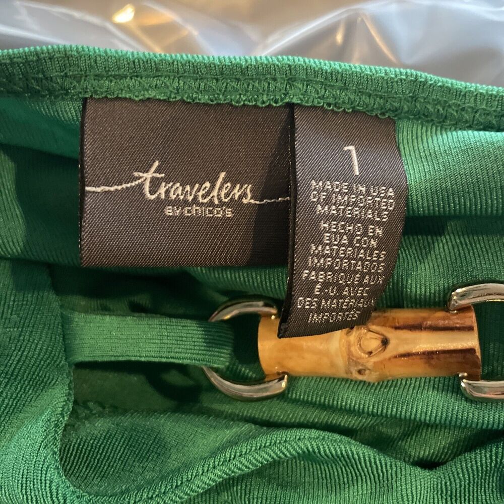 Travelers Chicos Womens Pullover Tunic Top Size 1 US  8/10 Green Slinky V Neck - Picture 7 of 12